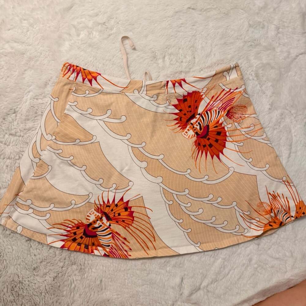 Vintage Lionfish Print Drawstring Skirt Orange Beige